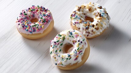 Poster - Three classic ring donuts are beautifully displayed on a clean white surface, featuring glossy icing and an array of colorful sprinkles, inviting indulgence