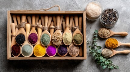 Poster - A wooden box displays various wooden scoops filled with colorful dried herbs, providing an inviting and organized look perfect for herbal enthusiasts and culinary use