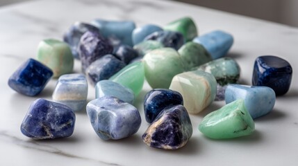 Poster - Polished stones in various shades of blue, green, and white are thoughtfully arranged on a smooth white surface, creating a serene and tranquil ambiance