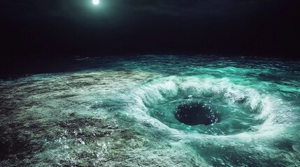 Poster - Dark ocean waters under a beautiful moonlit sky creating a mystical atmosphere with dramatic lighting and enchanting reflection effects