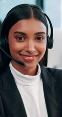 Aufkleber - Business, call center and woman with arms crossed, face and telemarketing with mic, help desk and pride. Person, employee or agent in workplace, headset or confidence with customer support and crm
