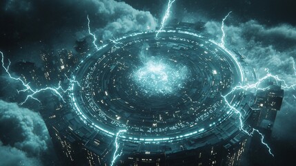Poster - Urban cityscape illuminated by sudden lightning bolts creating a dramatic and electrifying atmosphere capturing the essence of nature's power