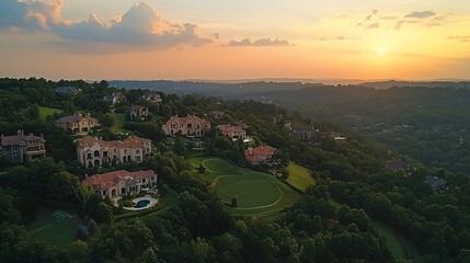 Poster - Breathtaking sunset over a lush golf course with vibrant colors illuminating the sky and creating a picturesque evening landscape