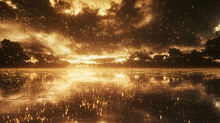 Poster - A tranquil lake reflecting the sky above with shimmering light on the horizon creating a dramatic and serene natural landscape scene