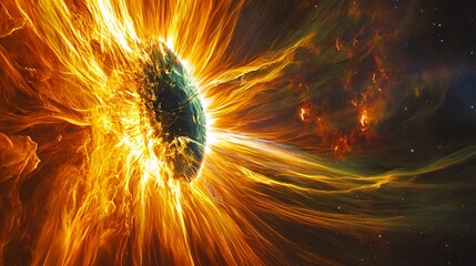 Poster - explosive starburst at the center of a nebula creating a dazzling display of cosmic energy and deep-