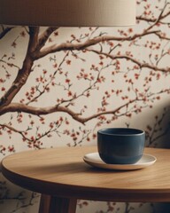 Poster - A elegant tea cup placed on a wooden table surrounded by natural light and cozy atmosphere