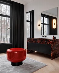 Poster - Stylish bathroom featuring a bold red chair adding a splash of color to the neutral decor