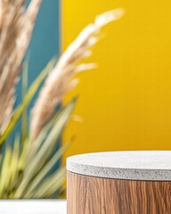 Poster - Cozy table featuring a lush green plant in the background creating a welcoming indoor atmosphere