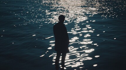 Poster - Individual standing in shallow water with gentle waves lapping against their feet under the warm sunlight on a beautiful beach day