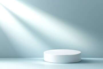 Fototapete - 3D white cylindrical podium on a pastel blue background with a soft shadow and lighting, a minimal scene for a product display presentation mock-up. 