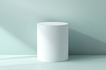 Fototapete - 3D white cylindrical podium on a pastel blue background with a soft shadow and lighting, a minimal scene for a product display presentation mock-up. 