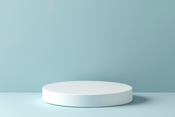 Fototapete - 3D white cylindrical podium on a pastel blue background with a soft shadow and lighting, a minimal scene for a product display presentation mock-up. 