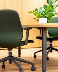Poster - Stylish desk arrangement featuring a green plant in the background with office supplies neatly organized