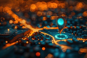 Poster - Glowing Cityscape Navigation, Futuristic Location Pin on a 3D Map