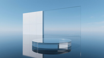 Wall Mural - minimalist glass podium against a clear blue sky