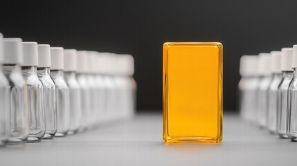 Poster - A bottle of liquid with numerous other bottles in the background creating a dynamic visual scene