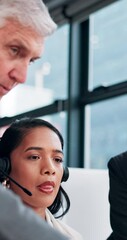 Aufkleber - Business, call center and woman in office, coaching and conversation with help desk. Person, employees or agent in workplace, questions or stress with customer service, mentor or learning with advice