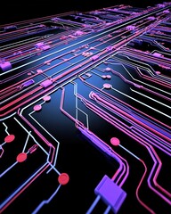 Poster - Colorful circuit board illuminated with pink and blue lights creating a high-tech and futuristic look