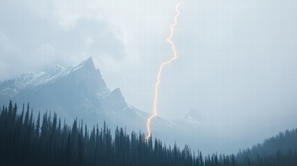 Poster - Striking mountain landscape captured with a bright lightning bolt against the backdrop of clouds