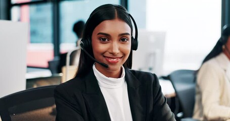 Poster - Woman, call center and face with smile, headset and legal advisory at help desk, confidence and career. Person, portrait and consultant with voip, arms crossed or contact us for support at law firm