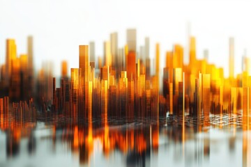 Poster - Abstract golden city skyline with reflections on a glossy surface against a white background