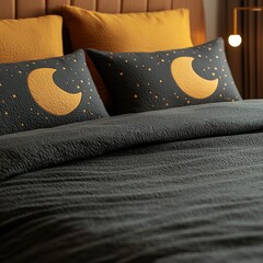 Poster - Cozy bed with a night sky and stars patterned comforter underneath a soft ambient light