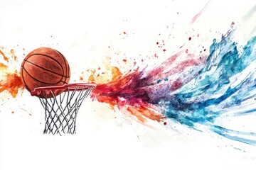 Poster - A basketball going into a basketball hoop with colorful paint splashes behind it art style