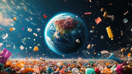 Poster - Earth from space overlaid with transparent images of plastic pollution