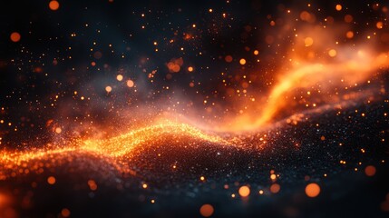 Poster - Abstract cosmic background with bright orange light streak and bokeh effect.
