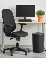 Poster - Modern black ergonomic chair positioned at a sleek computer desk in a contemporary home office setup