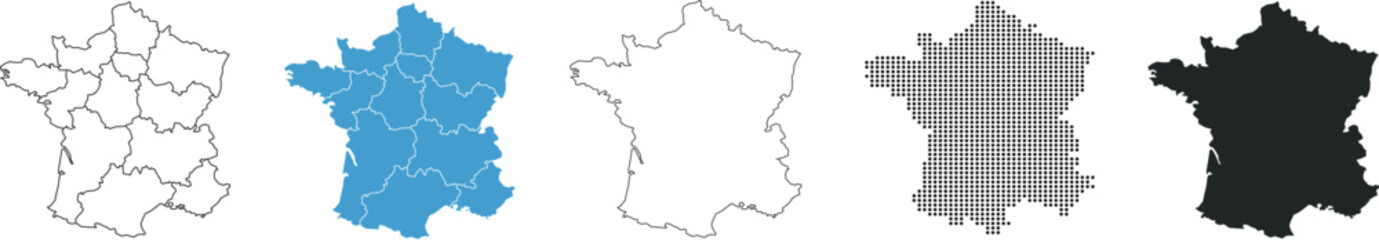  France Map Variations: Regional, Outline, and Stylized Representations. vector illustration