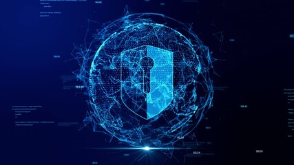 Poster - Global network and shield concept. Cloud computing security big data. Dot, number and text on blue background. Animation 4k. 3D rendering