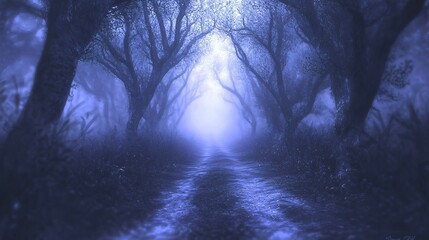 Poster - Serene pathway leading through a dark forest evoking a surreal dreamlike experience with elements of mystery and natural beauty surrounding