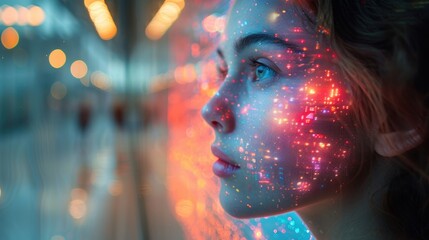 Poster - Woman's profile illuminated with digital network patterns and soft bokeh
