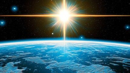 Poster - Majestic sun rising over the earth illuminating the landscape with warm natural light creating a beautiful morning scene in space