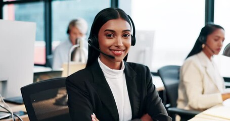 Poster - Woman, call center and face with arms crossed, headset and legal advisory at help desk, confidence and career. Person, portrait and consultant with voip, happy or contact us for support at law firm