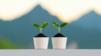 Poster - Delicate arrangement of two small plants thriving in a stylish white pot on bright background