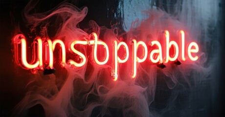 Aufkleber - Bright neon sign spells unstoppable. Red glow contrasts with smoky dark background. Dramatic lighting creates intense mood.