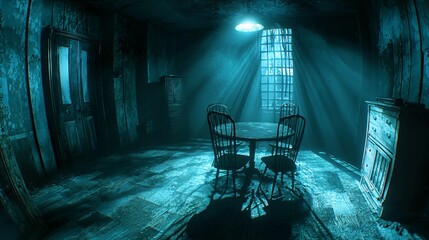 Poster - Cozy room featuring a table and chairs bathed in surreal dreamlike shadows and moody lighting evoking a sense of timeless comfort