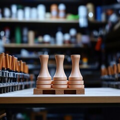 Poster - A row of elegant wooden vases artistically arranged on a surface in a contemporary setting