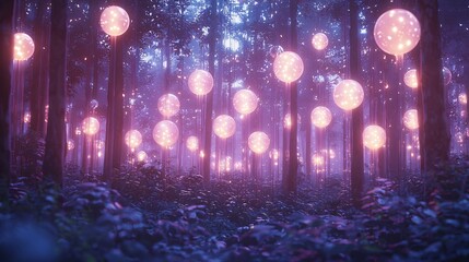 Poster - A mystical forest illuminated by numerous lights creating a surreal dreamlike scene with atmospheric fog and enchanting nature experience
