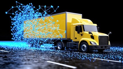 Poster - Truck surrounded by a network of blue dots representing data connections and digital technology