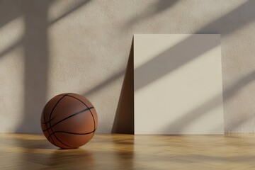Poster - A basketball resting on a wooden floor next to a white board with shadows on the wall behind it