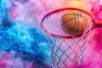 Poster - Basketball through hoop with colorful smoke background in a creative and artistic rendering style
