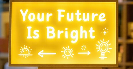 Aufkleber - Yellow sign displays positive message. Sun icons flank text, suggesting hope, optimism, forward movement. Bright illumination draws attention.