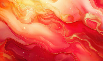 Poster - Abstract red and gold fluid art background with swirling patterns and textures.