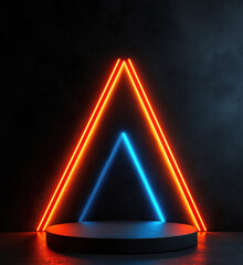 Poster - Neon Triangle Light Display on Dark Background with Circular Platform.