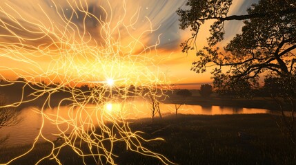 Poster - Majestic tree with light painting effect creating a magical atmosphere evoking wonder and serenity in a beautiful natural setting