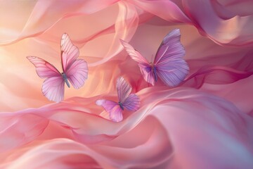 Poster - Three pastel butterflies resting on soft flowing pink fabric creating a dreamy aesthetic scene