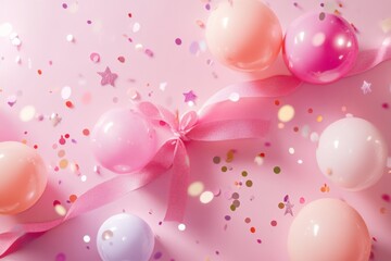 Poster - Pastel balloons with ribbon and confetti on a pink background create a festive celebration scene